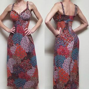 Vintage Moa Moa Feather Print Patchwork Braided Strap Column Dress Maxi Dress L